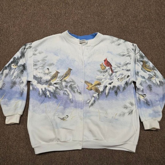 Artisans vintage bird print cardigan winter nature button sweater - Picture 1 of 6